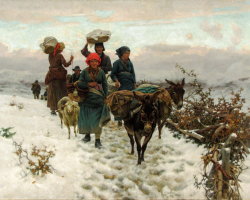 Contadini ritorno dal mercato tra la neve